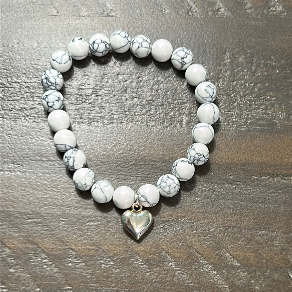 White Marble Beaded Bracelet with Silver Heart Charm